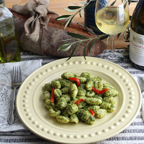 Potato Gnocchi with Pesto Sauce and Roasted Red Peppers
